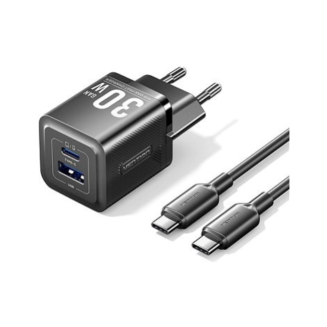 Vention 2-Port USB (C + A) GaN Charger (30W/30W) with USB-C to USB-C Cable (1M) EU-Plug Black