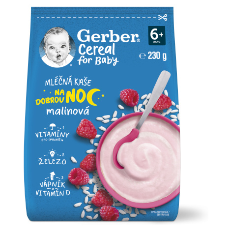 GERBER Cereal mléčná kaše malinová Dobrou noc 230 g