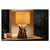 Estila Venkovská stolní lampa Missle z přírodního teakového dřeva s kulatým béžovým stínítkem 50
