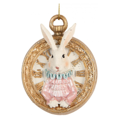 Velikonoční závěsná ozdoba bílý zajíček v kapesních hodinkách Wonderland – 6x3x7 cm Clayre & Eef