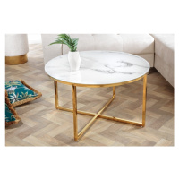 Estila Art-deco kulatý konferenční stolek Gold Marbleux s bílým mramorovým vzhledem s kovovou po