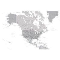 Mapa Map of North America in grayscale, Blursbyai, (40 x 26.7 cm)