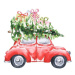 Ilustrace Watercolor Christmas tree with red car, vector_ann, 40 × 30 cm