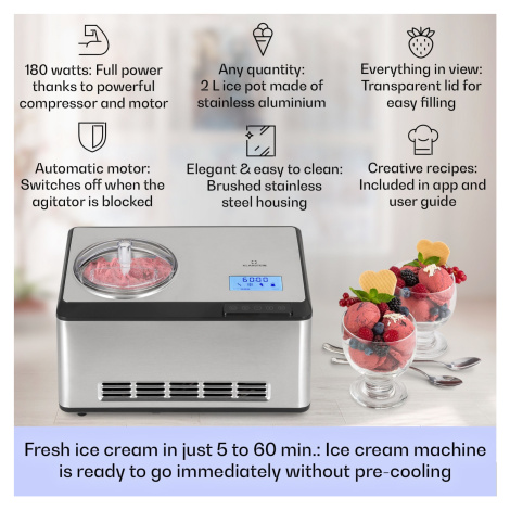 Klarstein Dolce Bacio Smart, zmrzlinovač, jogurtovač, 2 l, kompresor, WiFi, dotykový displej, ne