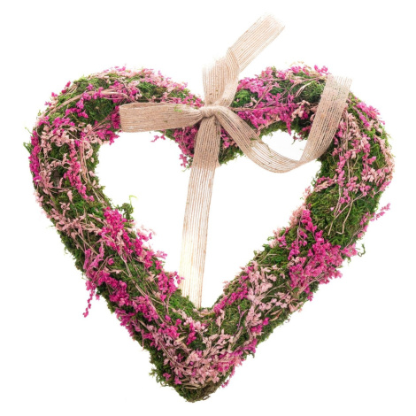 Závěsné mechové srdce se sušenými kvítky, růžová, 30 x 4 cm