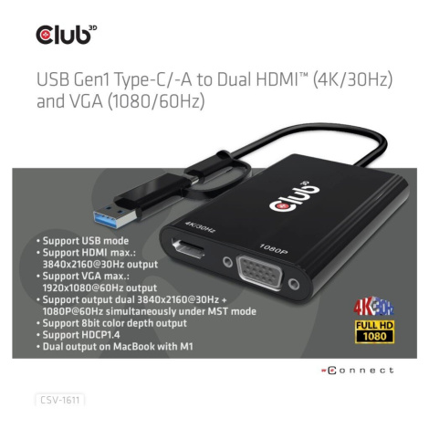 Club3D adaptér USB Gen1 Type-C/-A to Dual HDMI (4K/30Hz) / VGA (1080/60Hz) - CSV-1611