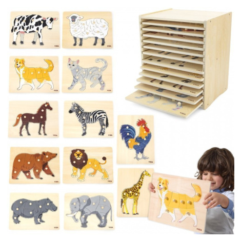 Sada dřevěných puzzle VIGA 12 montessori zvířátek + stojan