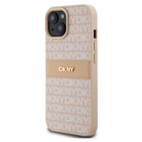 Zadní kryt DKNY PU Leather Repeat Pattern Tonal Stripe pro Apple iPhone 15, růžová