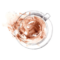 Ilustrace Hand drawn cup of cappuccino, top view. Pencil sketch with watercolor stain, bokasin, 