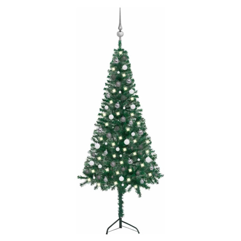 vidaXL Rohový umělý vánoční stromek LED a sada koulí zelený 210 cm PVC
