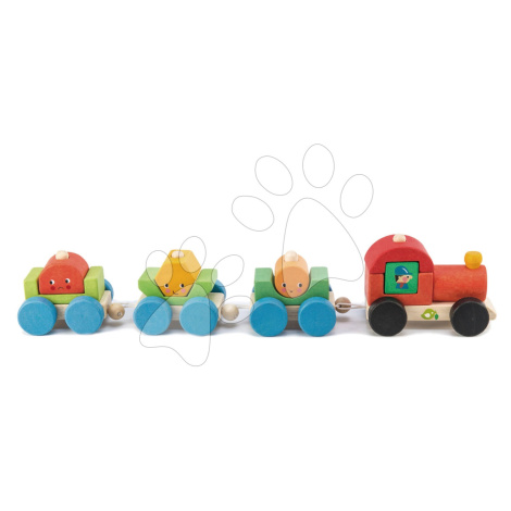 Dřevěný skládací vláček Happy Train Tender Leaf Toys 14dílná souprava s 3 vagony a geometrickými