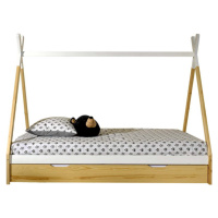 Domečková dětská postel z borovicového dřeva s úložným prostorem v bílo-přírodní barvě 90x200 cm