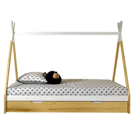 Domečková dětská postel z borovicového dřeva s úložným prostorem v bílo-přírodní barvě 90x200 cm Vipack