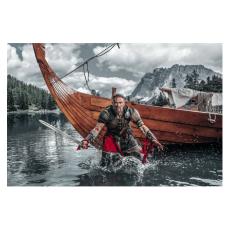 Ilustrace Viking Warrior sailing on a fjord, Lorado, 40x26.7 cm