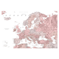Mapa Detailed map of Europe in dusty pink and grey watercolor, Blursbyai, (40 x 26.7 cm)