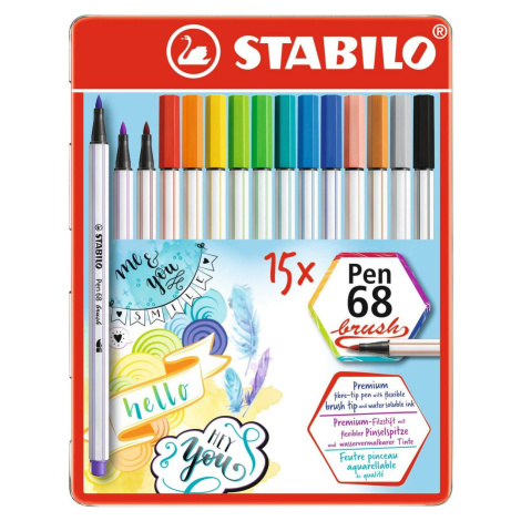 STABILO 568-15-32 Pen 68 brush Prémiový vláknový fix s flexibilním štětcovým hrotem 15 ks kovové