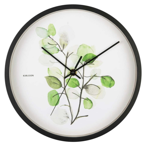 Zeleno-bílé nástěnné hodiny v černém rámu Karlsson Eucalyptus, ø 26 cm