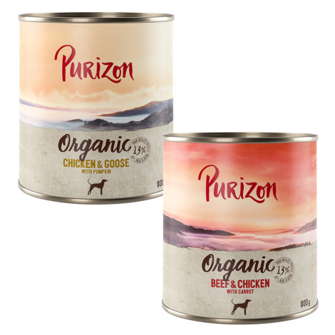 Purizon Organic výhodné balení 12 x 800 g - míchané balení: 12 x kuřecí s husou, 12 x hovězí s k