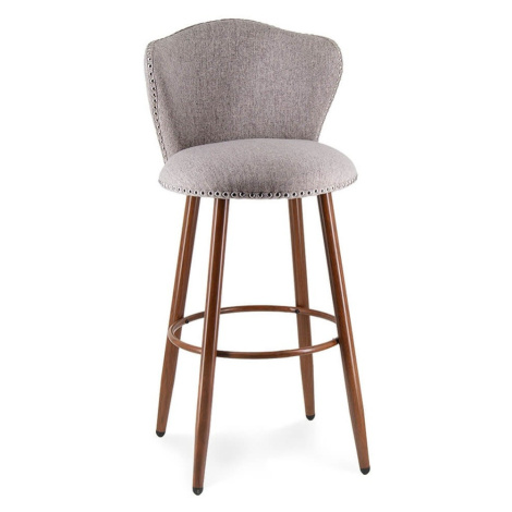 Estila Designová moderní barová židle Nayla s šedým lněným potahem s vybíjeným zdobením a hnědým