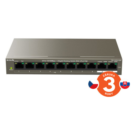 Tenda TEF1110P-8-102W - PoE AT Switch 102Watt, 10xRJ45 Switch s 8x 10/100 Mbps PoE, 2x Gigabit U