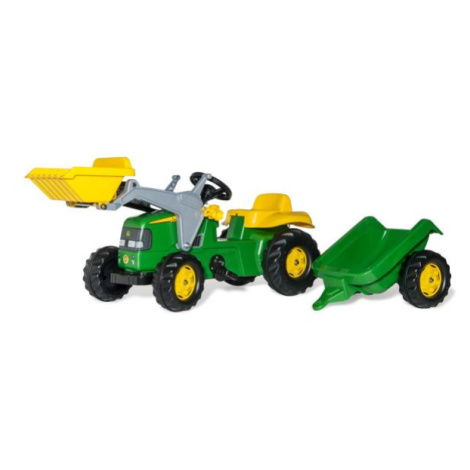 Rollytoys Šlapací traktor Rolly Kid John Deere s vlečkou a nakladačem - zelený