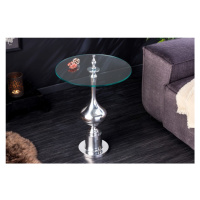 Estila Designový příruční stolek Marietta s kulatou skleněnou vrchní deskou a ozdobnou stříbrnou