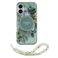 Pouzdro Guess pro iPhone 16 6.1 zelené IML Flowers With Pearl Strap MagSafe