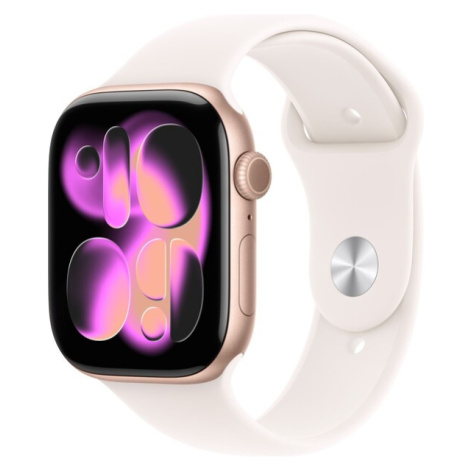 Apple Watch Series 11 (46mm) Růžově zlatý hliník se světle ruměným sportovním řemínkem S/M
