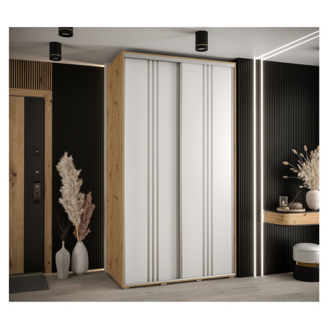 Šatní skříň YVONA 6 - 140/60 cm, dub artisan / bílá / stříbrná