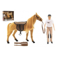 Kůň fliška česací + panáček kloubový 30cm plast s doplňky v krabici 45x39x12cm