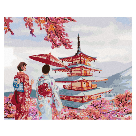 Malování podle čísel - PÁR V KIMONU JAPONSKO Rozměr: 80x100 cm, Rámování: bez rámu a bez vypnutí