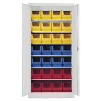 mauser Skladová skříň, jednobarevná, s 28 přepravkami s viditelným obsahem, 6 polic, šedá