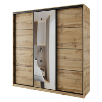 Šatní skříň NEJBY BARNABA 200 cm s posuvnými dveřmi, zrcadlem,4 šuplíky a 2 šatními tyčemi,dub w
