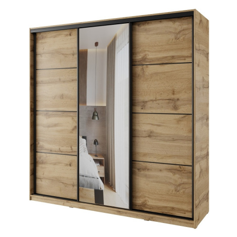 Šatní skříň NEJBY BARNABA 200 cm s posuvnými dveřmi, zrcadlem,4 šuplíky a 2 šatními tyčemi,dub w Lamivex