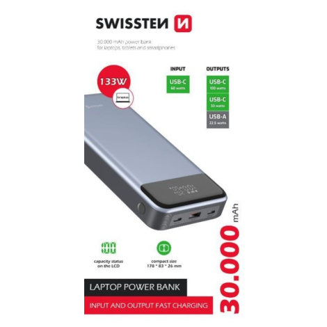 SWISSTEN POWER BANK 30000 mAh 133W POWER DELIVERY GREY