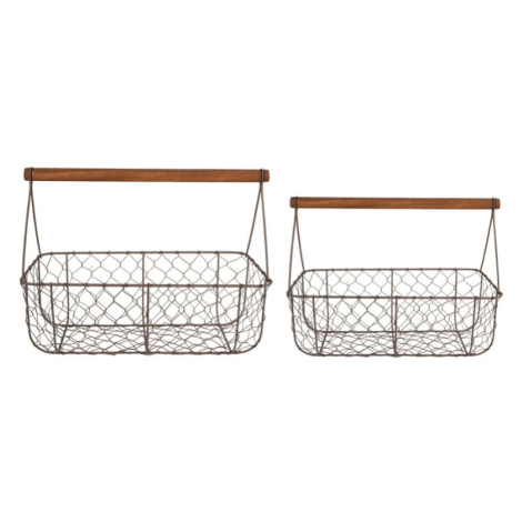 Hnědé antik drátěné košíky s dřevěnou rukojetí – 36x17x12/27 / 32x15x10/22 cm Clayre & Eef