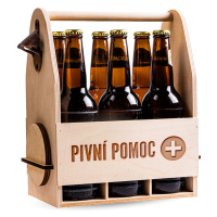 FK Dřevěný nosič na pivo s celokovovým otvírákem + 6ks kulatých podtácků - PIVNÍ POMOC 32x26x16 