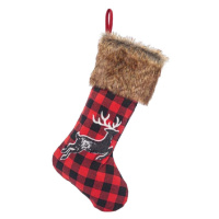 Eurolamp Vánoční dekorace ponožka červená károvaná s jelenem, 55 cm, 1 ks