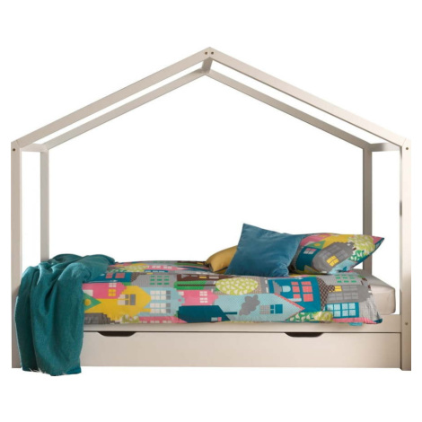 Bílá domečková dětská postel z borovicového dřeva s výsuvným lůžkem a úložným prostorem 90x200 c Vipack