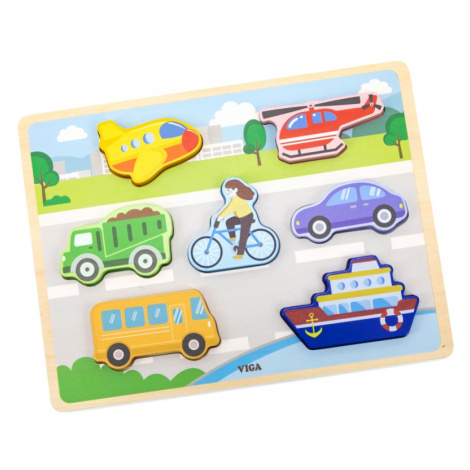 VIGA Dřevěné puzzle Montessori 2v1 Puzzle figurky vozidel
