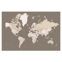 Mapa Earth tones detailed world map with cities, Blursbyai, (40 x 26.7 cm)