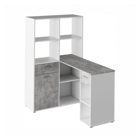 Rohový psací stůl ZONE s regálem, bílá/beton Tempo Kondela