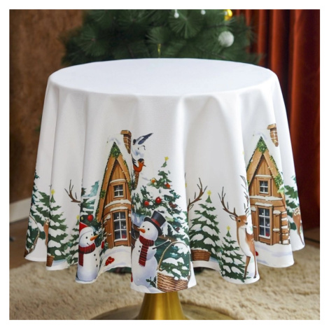 Bílý vánoční ubrus se zimní krajinou na kulatý a oválný stůl Průměr: 150 cm