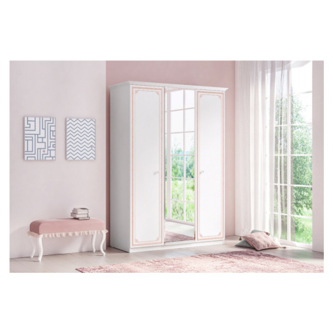 Třídveřová šatní skříň se zrcadlem betty - bílá/růžová