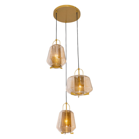 Závěsná lampa zlaté jantarové sklo kulaté 3 světla - Kevin QAZQA