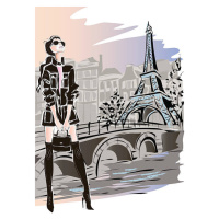 Ilustrace Fashion woman in Paris near Eiffel Tower, glafira, 30 × 40 cm