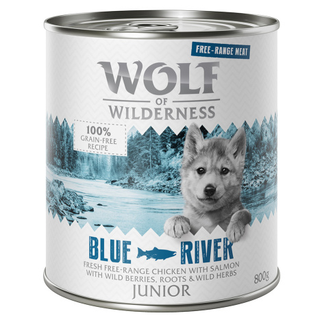 6 x 400 g / 800 g Wolf of Wilderness "Free-Range Meat" za zkušební cenu - JUNIOR Blue River - lo