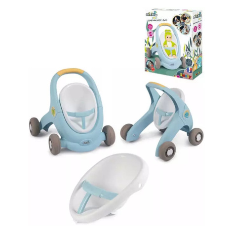 SMOBY Baby Walker Minikiss 3v1 chodítko kočárek sedačka pro panenku modrá SMALL FOOT