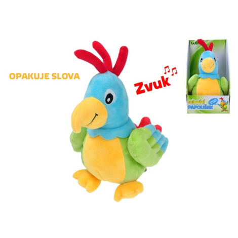 Papoušek plyšový 20cm na baterie mluvící v krabičce Mikro Trading