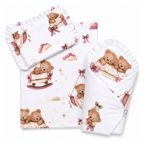 Baby Nellys Sada pro panenku 3D, zavinovovačka, peřinka a polštářek, Medvidcí, růžová